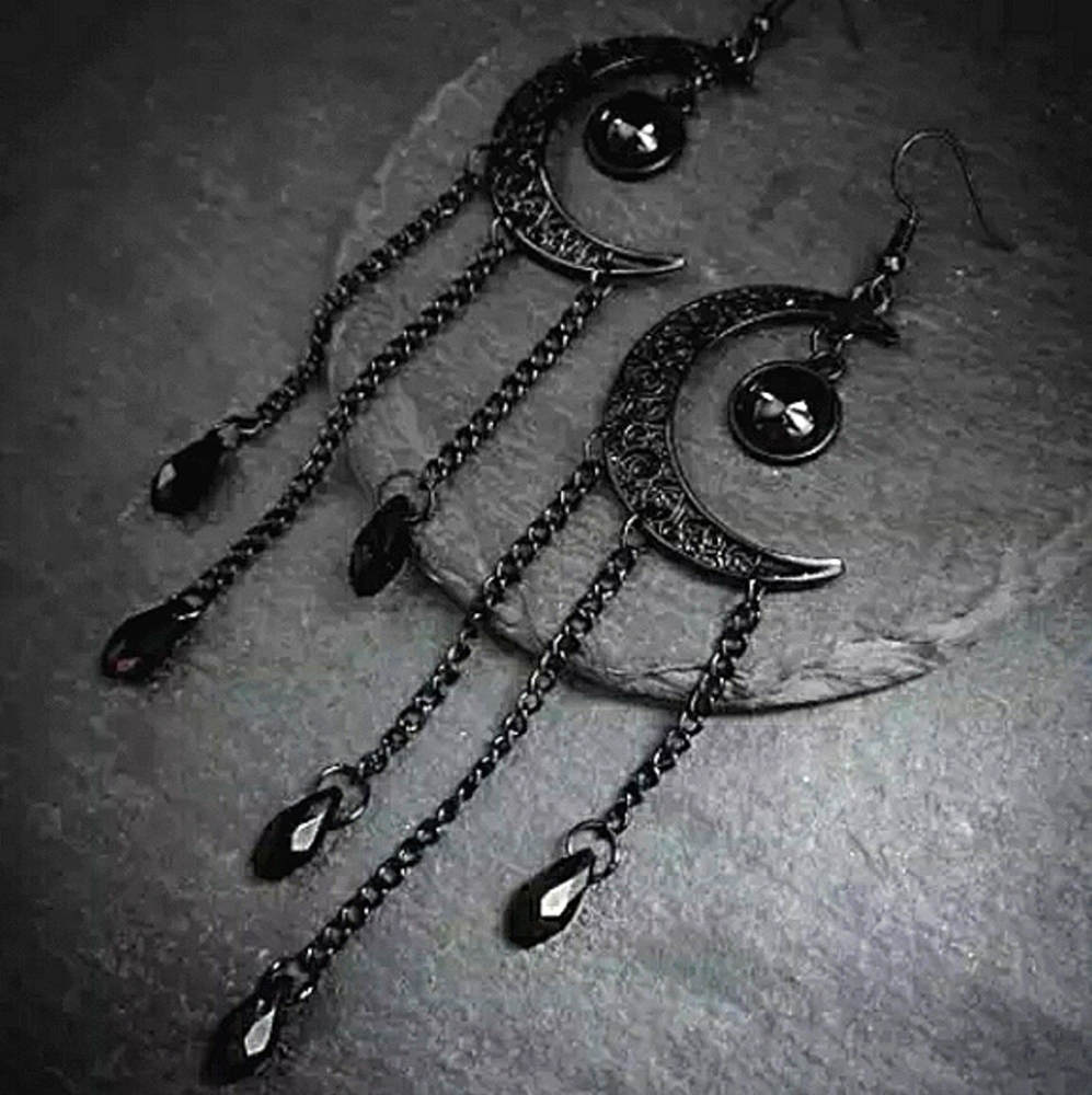 Gothic Crescent Moon Dangling Onyx Earrings